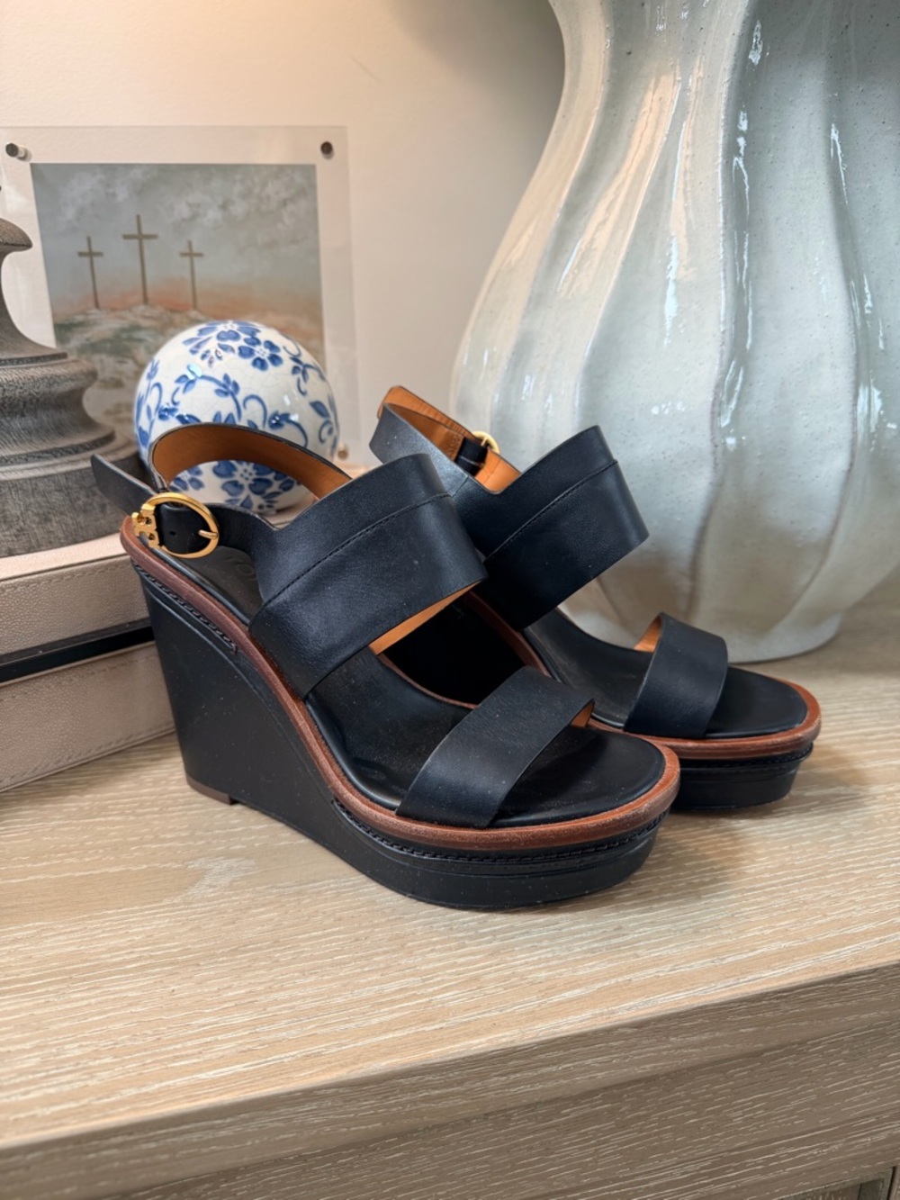 Tory Burch Selby Black Wedge Sandals with Brown Trim and Gold Buckle